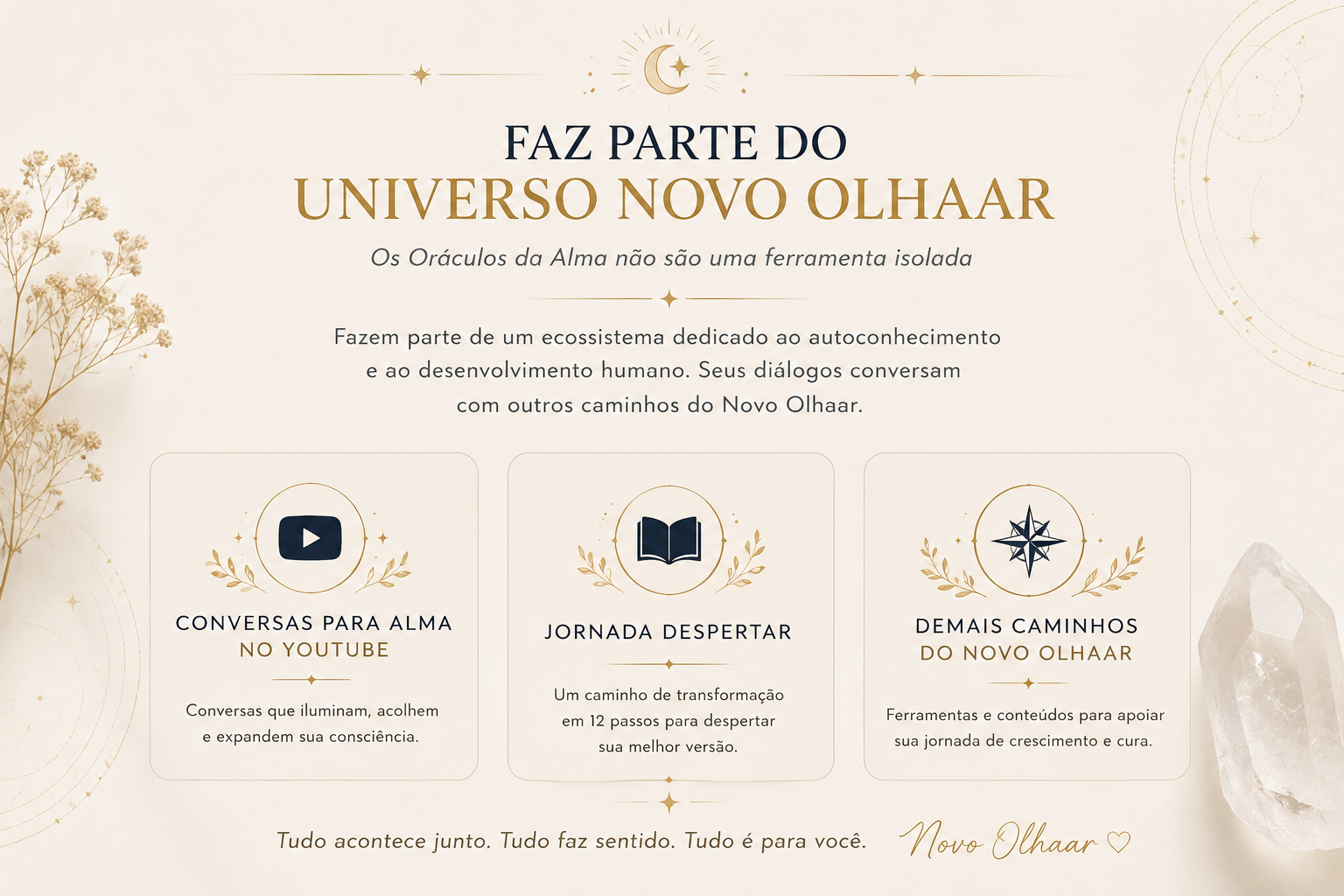 Faz parte do Universo Novo Olhaar — Conversas para Alma no YouTube, Jornada Despertar, Demais caminhos do Novo Olhaar